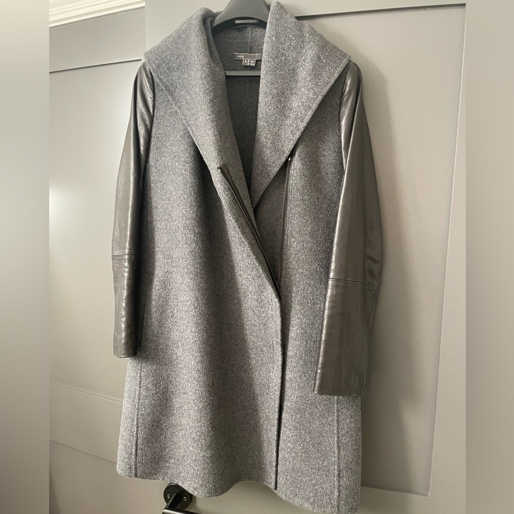 Vince Wool Coat w/ Leather Sleeves, Size Small